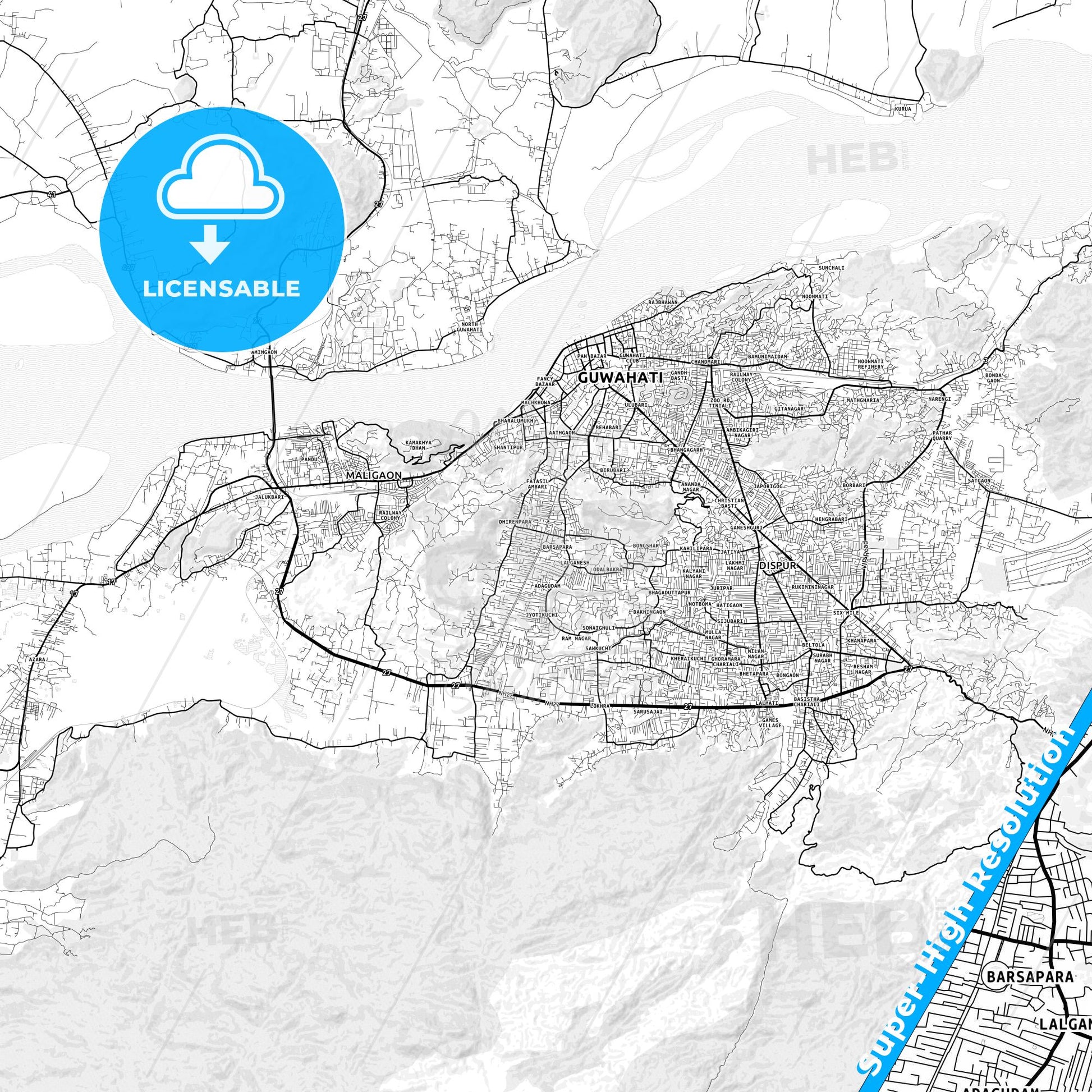 Guwahati, India light map with streetnames, citynames and districts