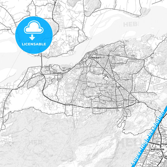 Guwahati, India light map with streetnames, citynames and districts