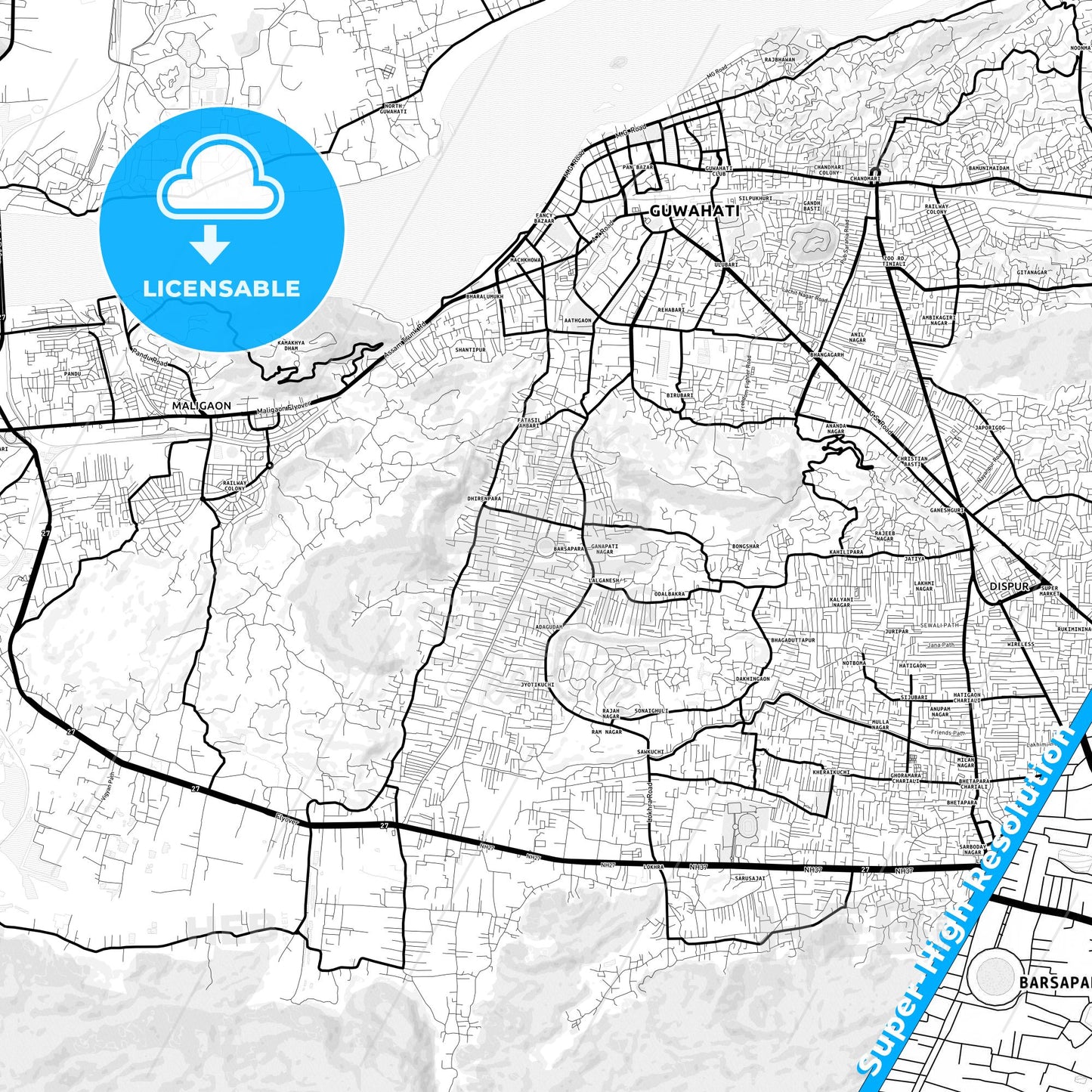Guwahati, India Light Map with Street Names, City Names, and Districts