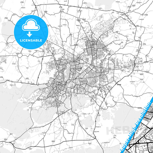 Gwalior, India light map with streetnames, citynames and districts