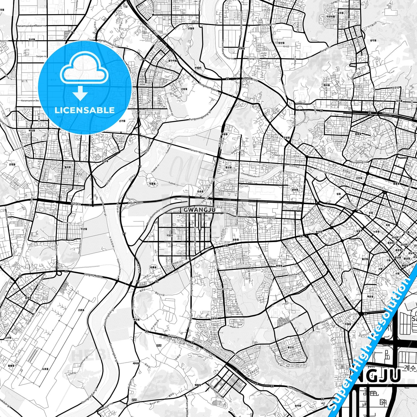 Gwangju, South Korea Light Map with Street Names, City Names, and Districts