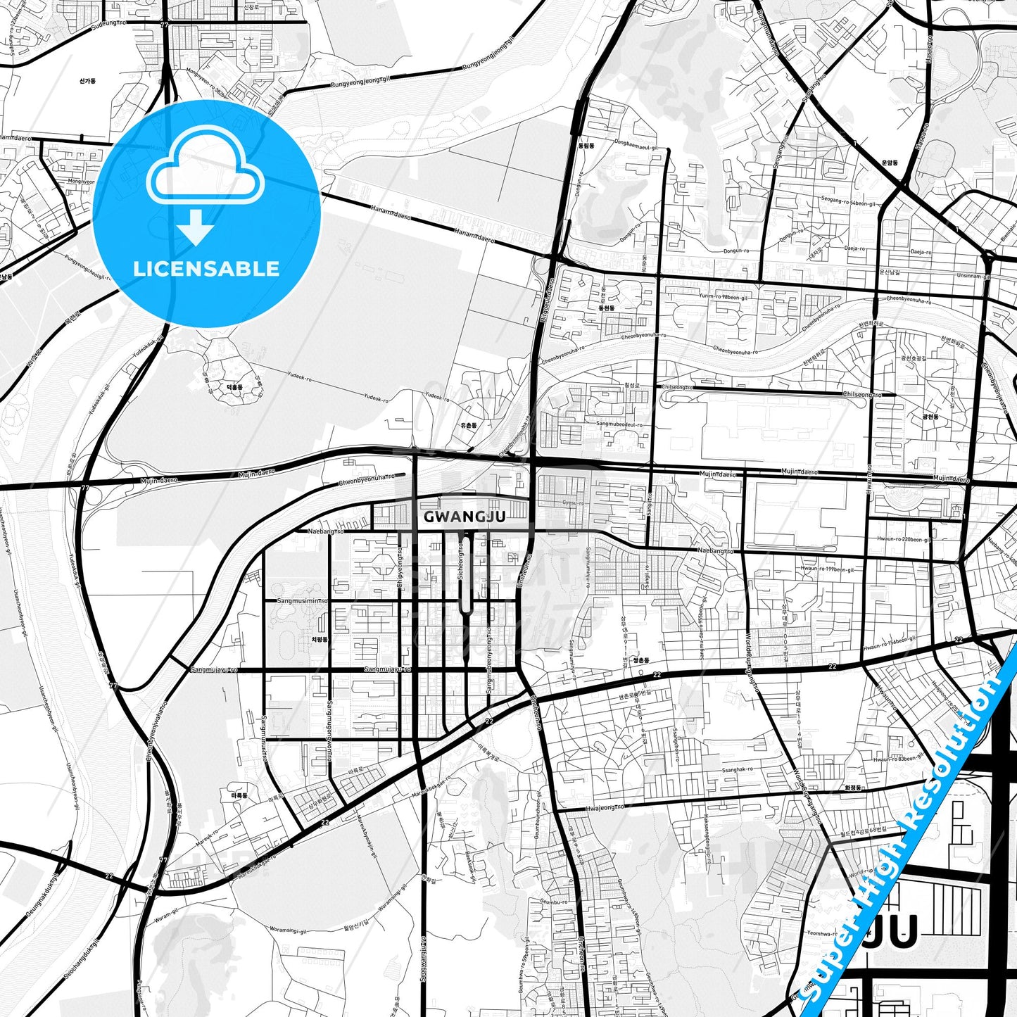 Gwangju, South Korea Light Map with Street Names, City Names, and Districts