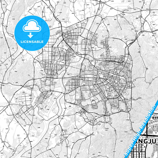 Gwangju, South Korea light map with streetnames, citynames and districts
