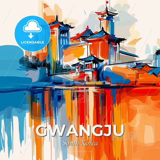 Vibrant Gwangju, South Korea - A Painting Of A Building With A Colorful Background - Square format print template