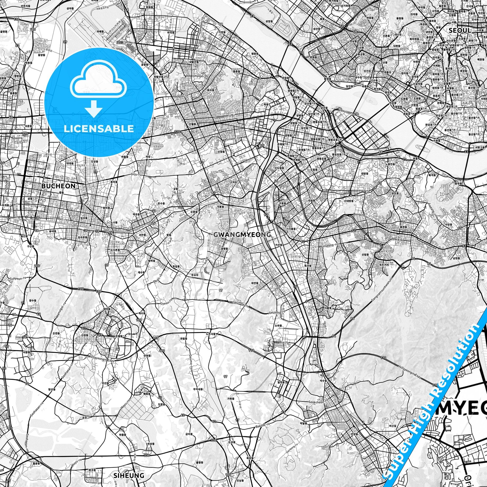 Gwangmyeong, South Korea light map with streetnames, citynames and districts