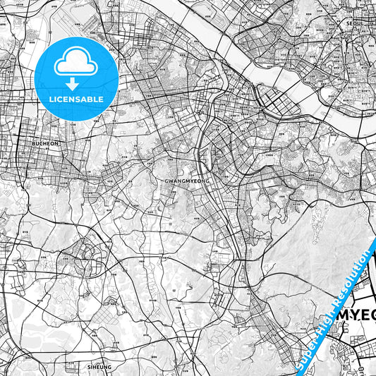 Gwangmyeong, South Korea light map with streetnames, citynames and districts