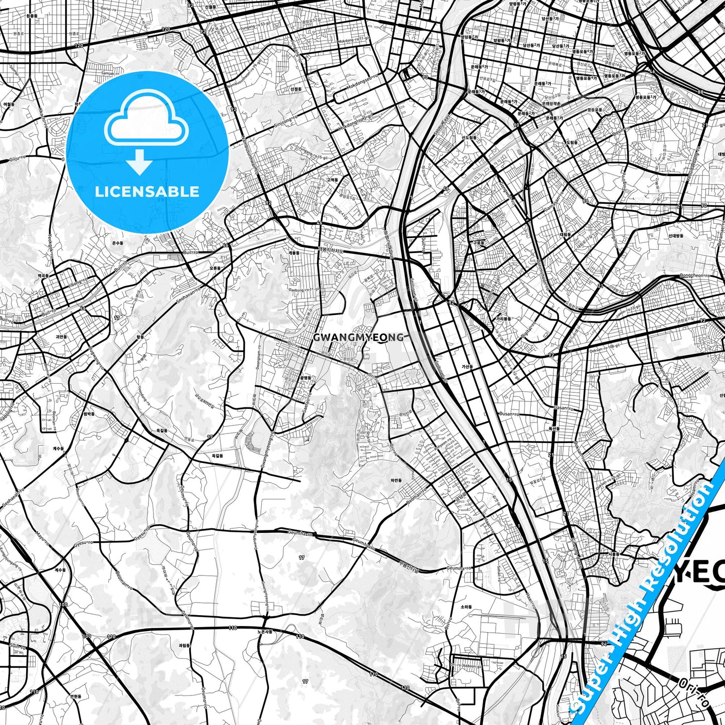 Gwangmyeong, South Korea Light Map with Street Names, City Names, and Districts