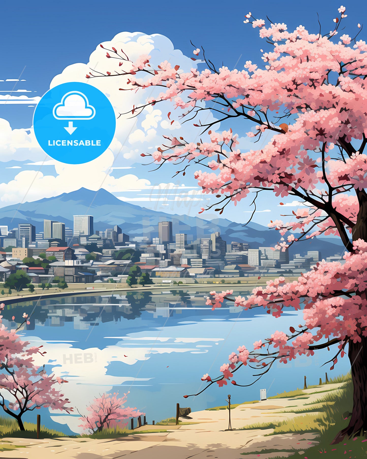 Artistic Gwangmyeong South Korea City Skyline Scenic Pink Tree Body of Water