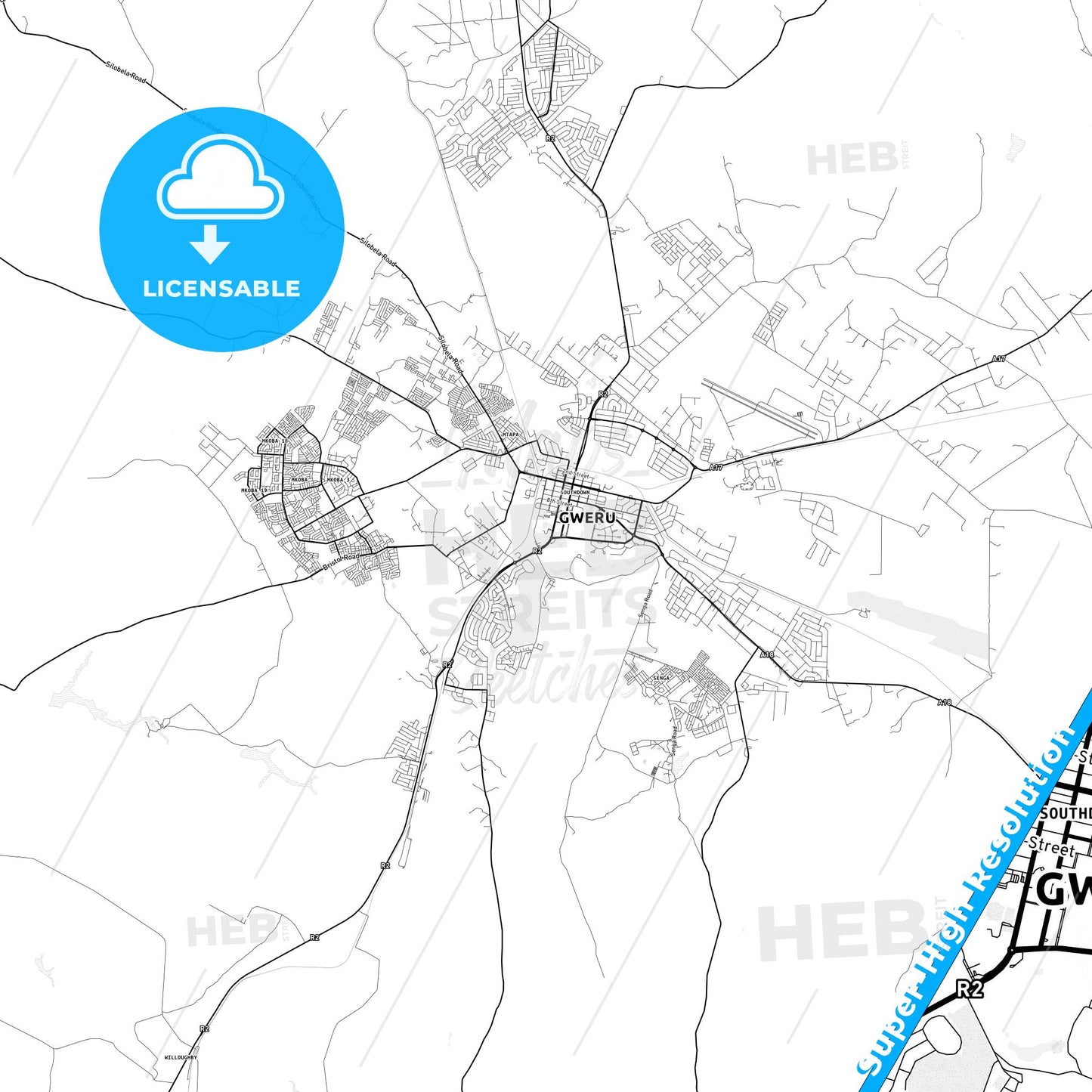 Gweru, Zimbabwe light map with streetnames, citynames and districts