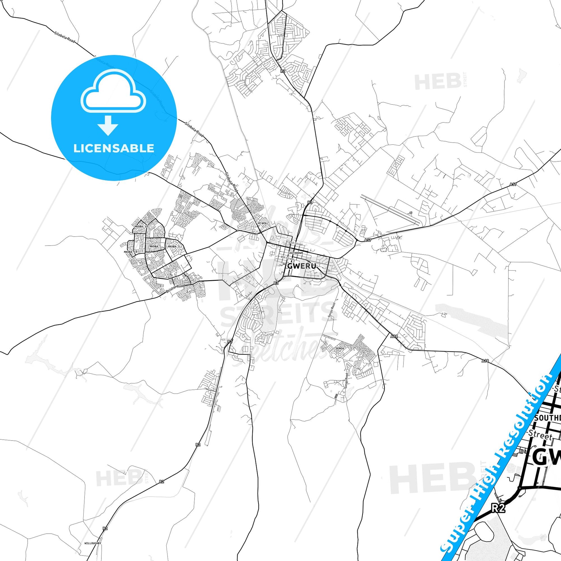 Gweru, Zimbabwe light map with streetnames, citynames and districts