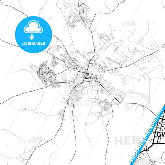 Gweru, Zimbabwe light map with streetnames, citynames and districts
