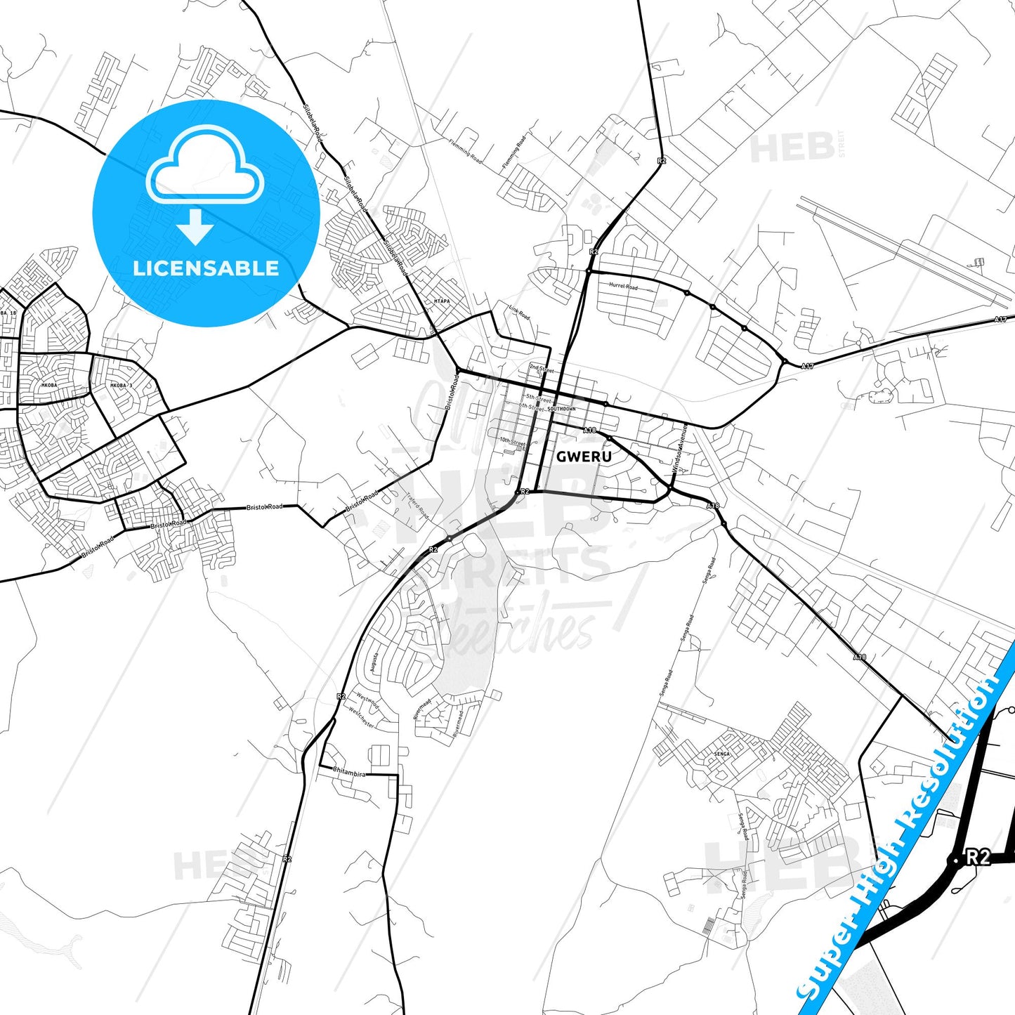 Gweru, Zimbabwe Light Map with Street Names, City Names, and Districts