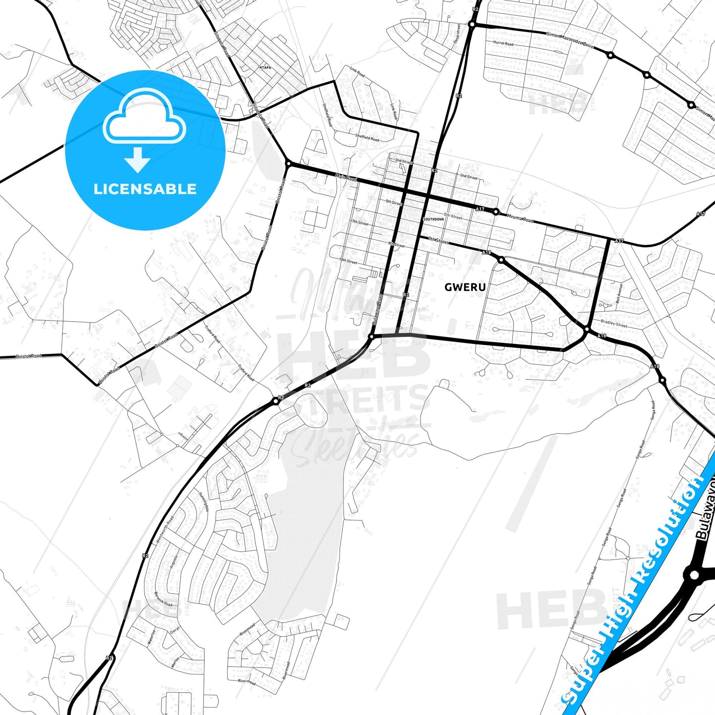 Gweru, Zimbabwe Light Map with Street Names, City Names, and Districts