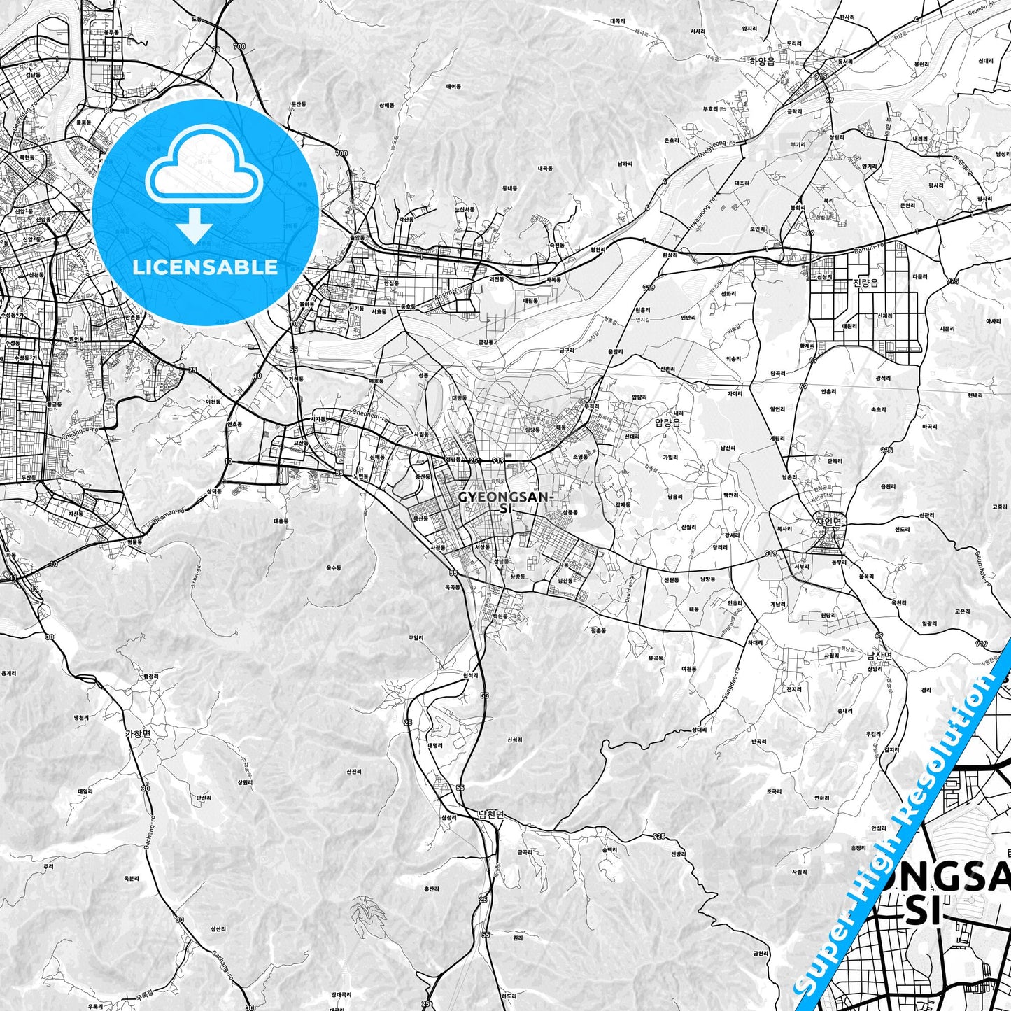 Gyeongsan, South Korea light map with streetnames, citynames and districts