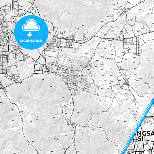Gyeongsan, South Korea light map with streetnames, citynames and districts