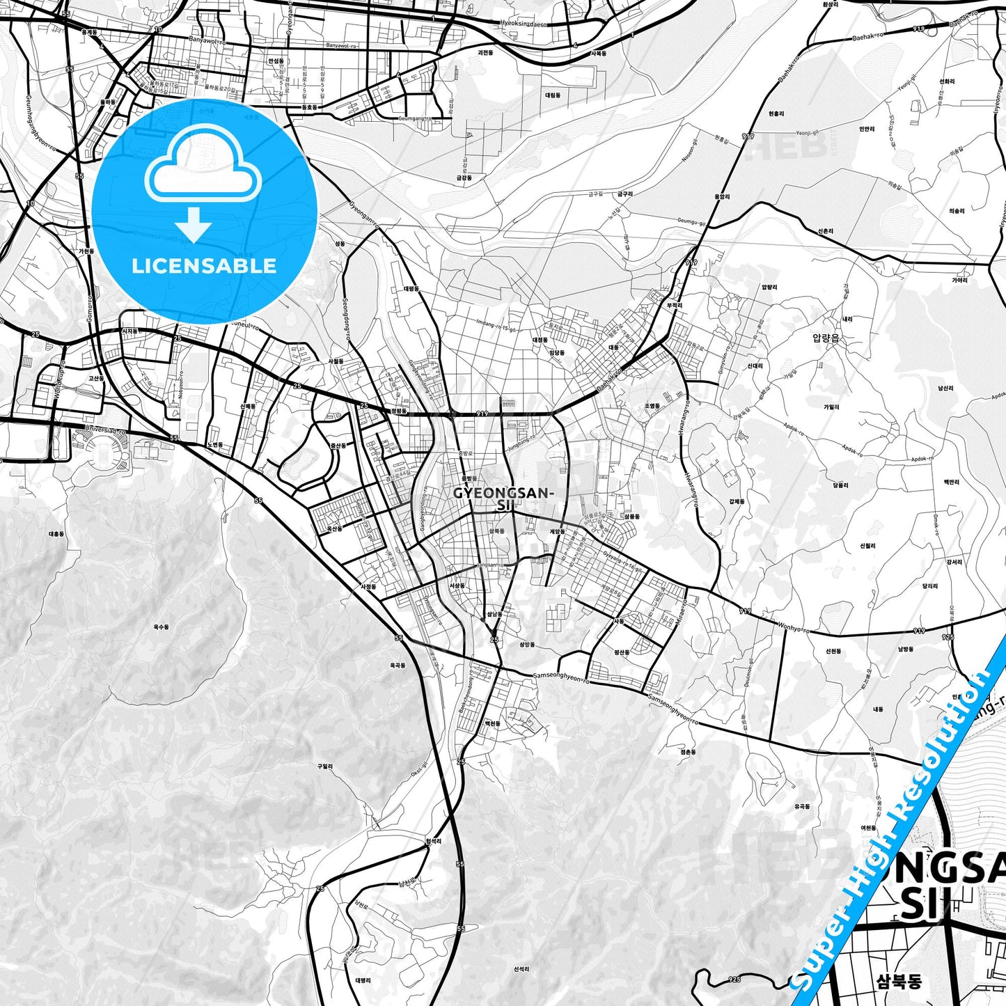 Gyeongsan, South Korea Light Map with Street Names, City Names, and Districts
