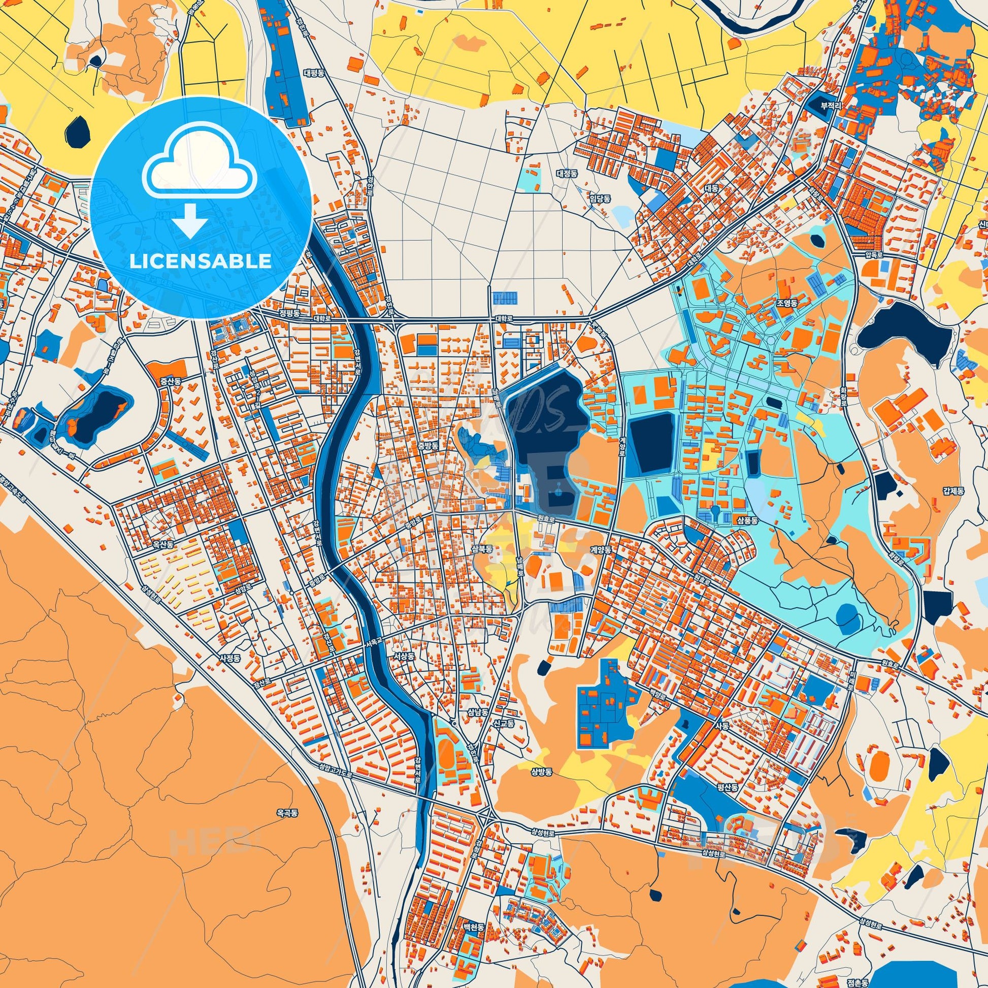 Colorful Gyeongsan Street Map with Labels and Buildings