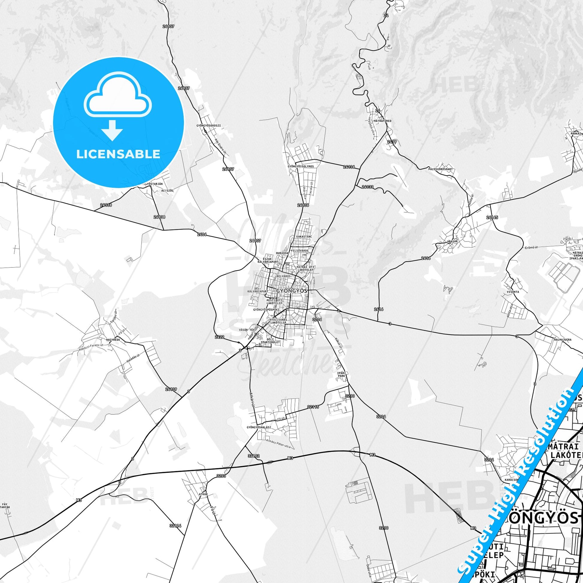 Gyöngyös, Hungary light map with streetnames, citynames and districts