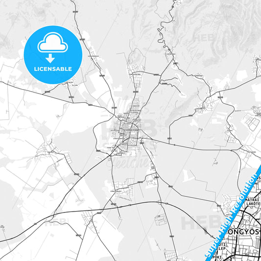 Gyöngyös, Hungary light map with streetnames, citynames and districts