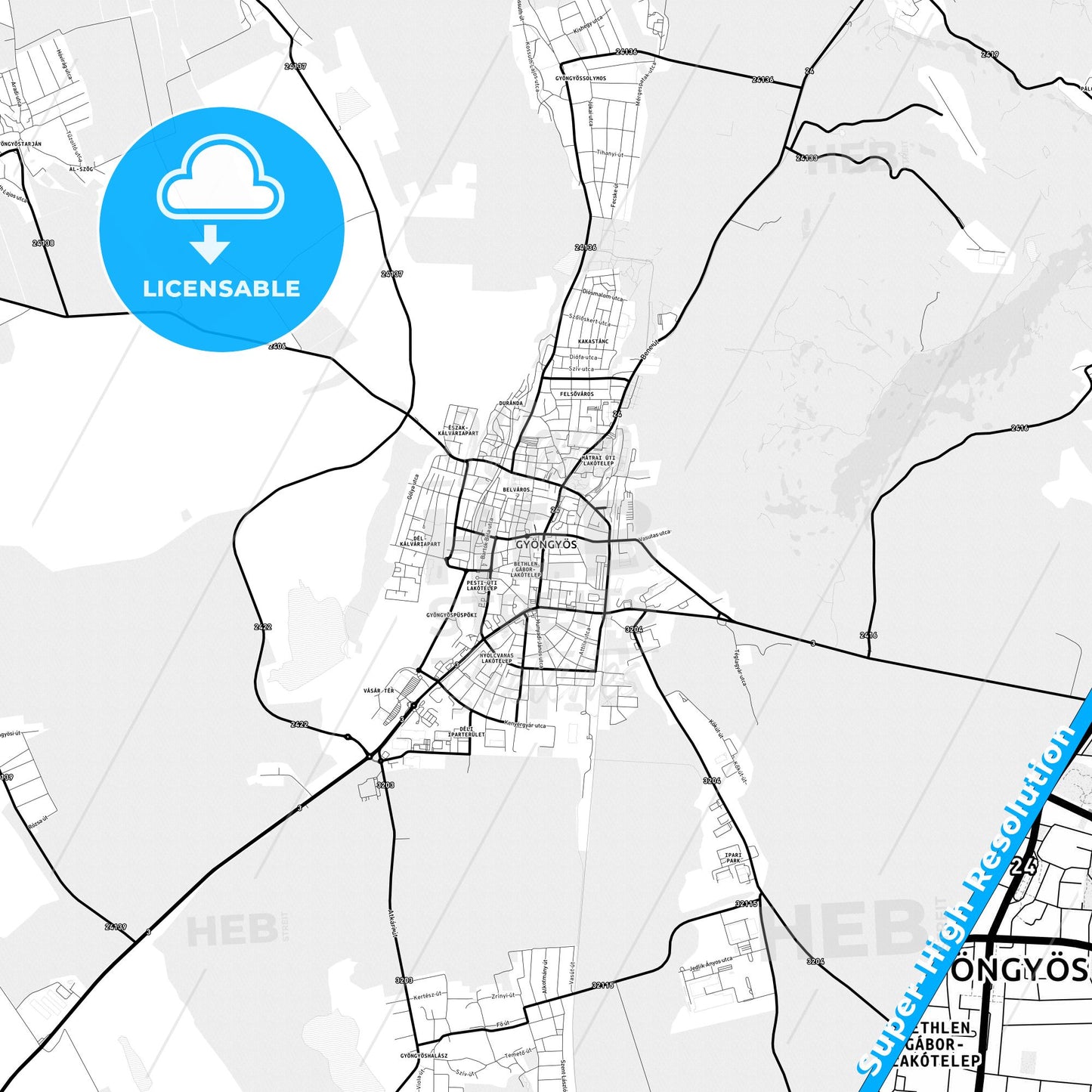 Gyöngyös, Hungary Light Map with Street Names, City Names, and Districts