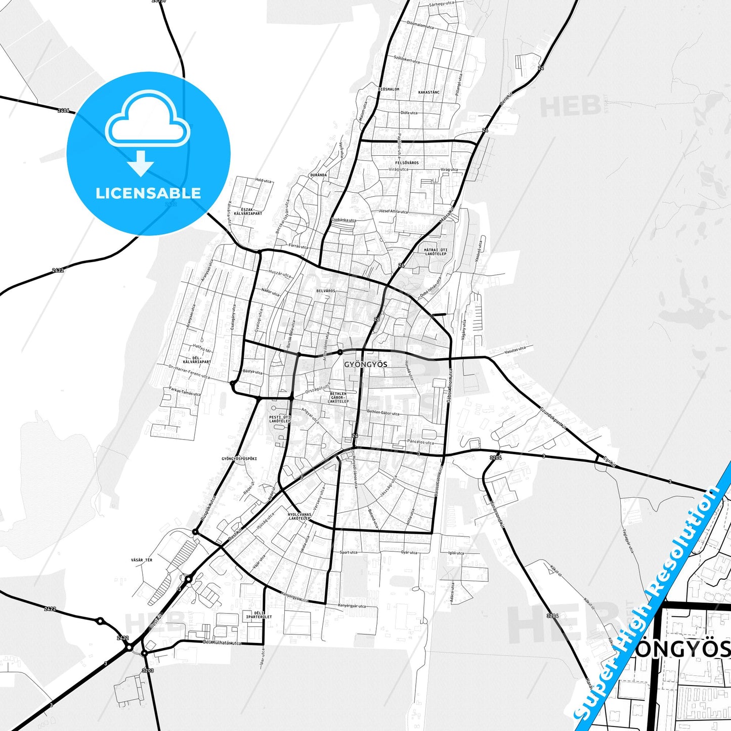 Gyöngyös, Hungary Light Map with Street Names, City Names, and Districts
