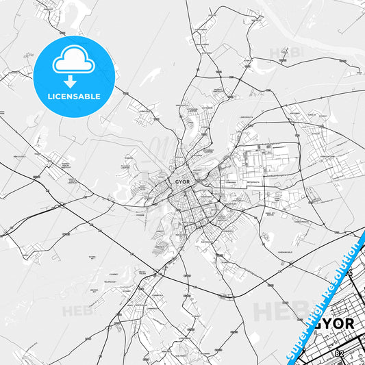 Győr, Hungary light map with streetnames, citynames and districts