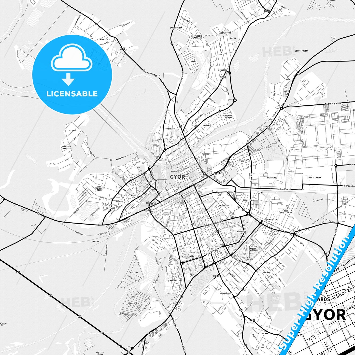 Győr, Hungary Light Map with Street Names, City Names, and Districts