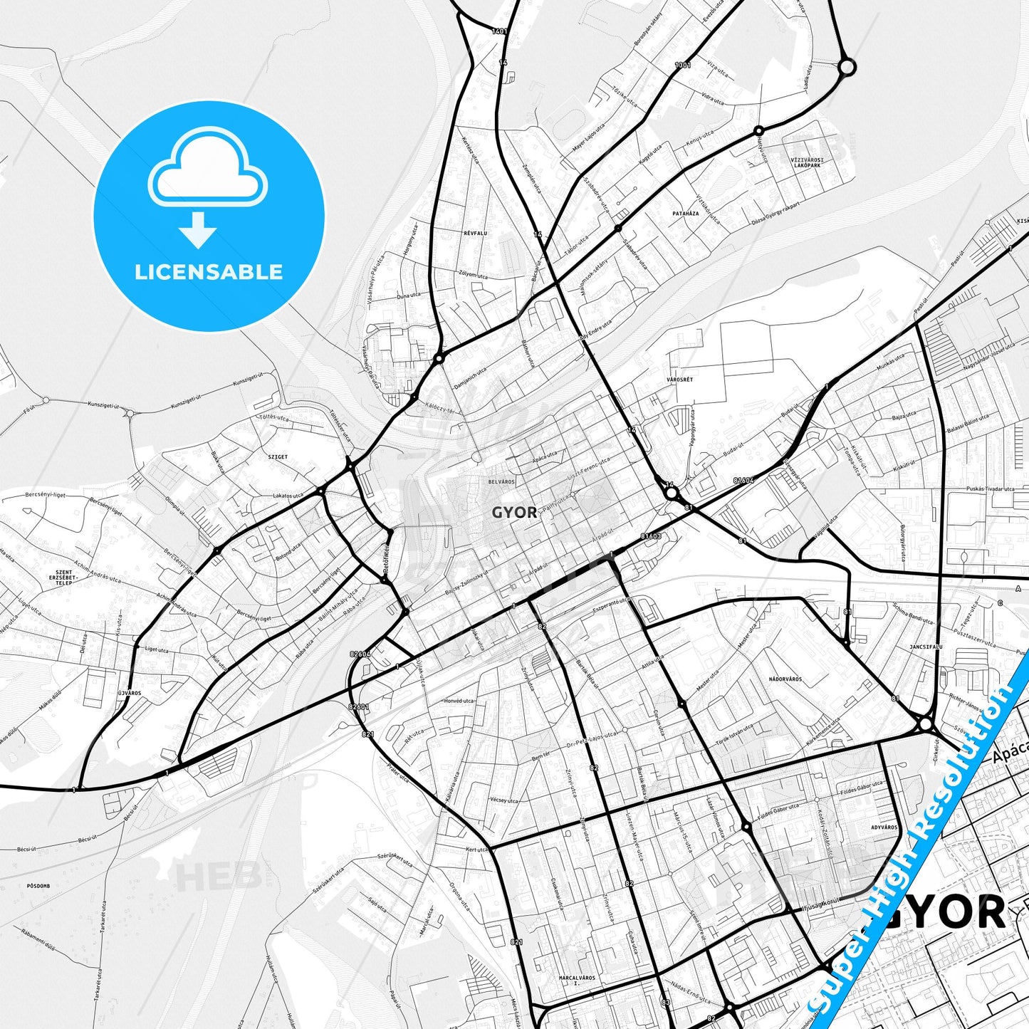 Győr, Hungary Light Map with Street Names, City Names, and Districts