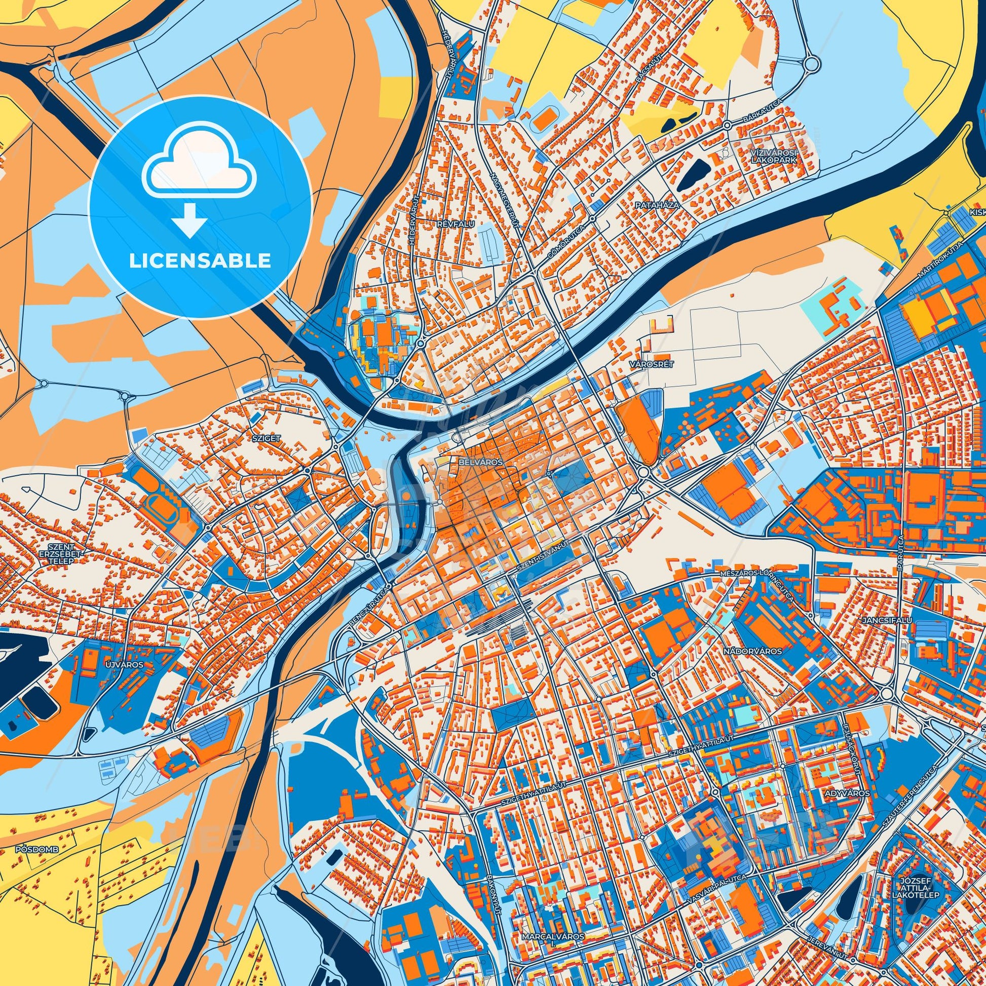 Colorful Győr Street Map with Labels and Buildings