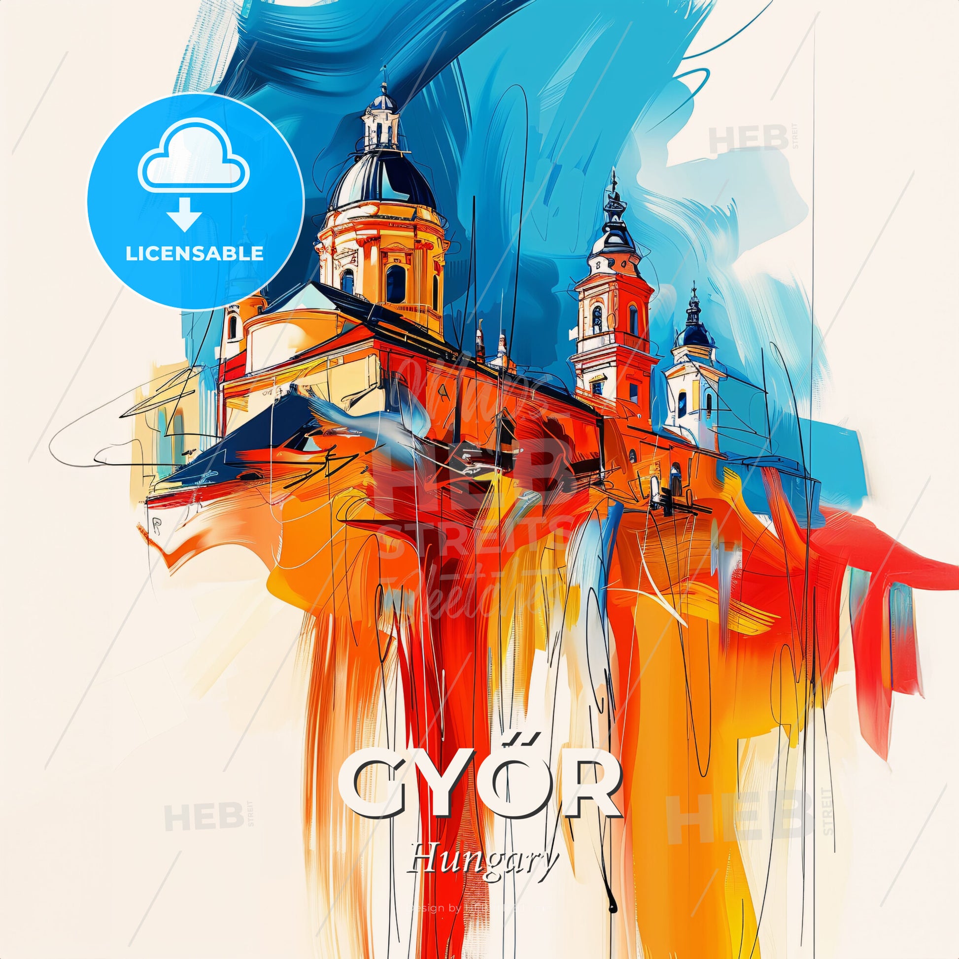 Vibrant Győr, Hungary - A Painting Of A Building With A Colorful Background - Square format print template