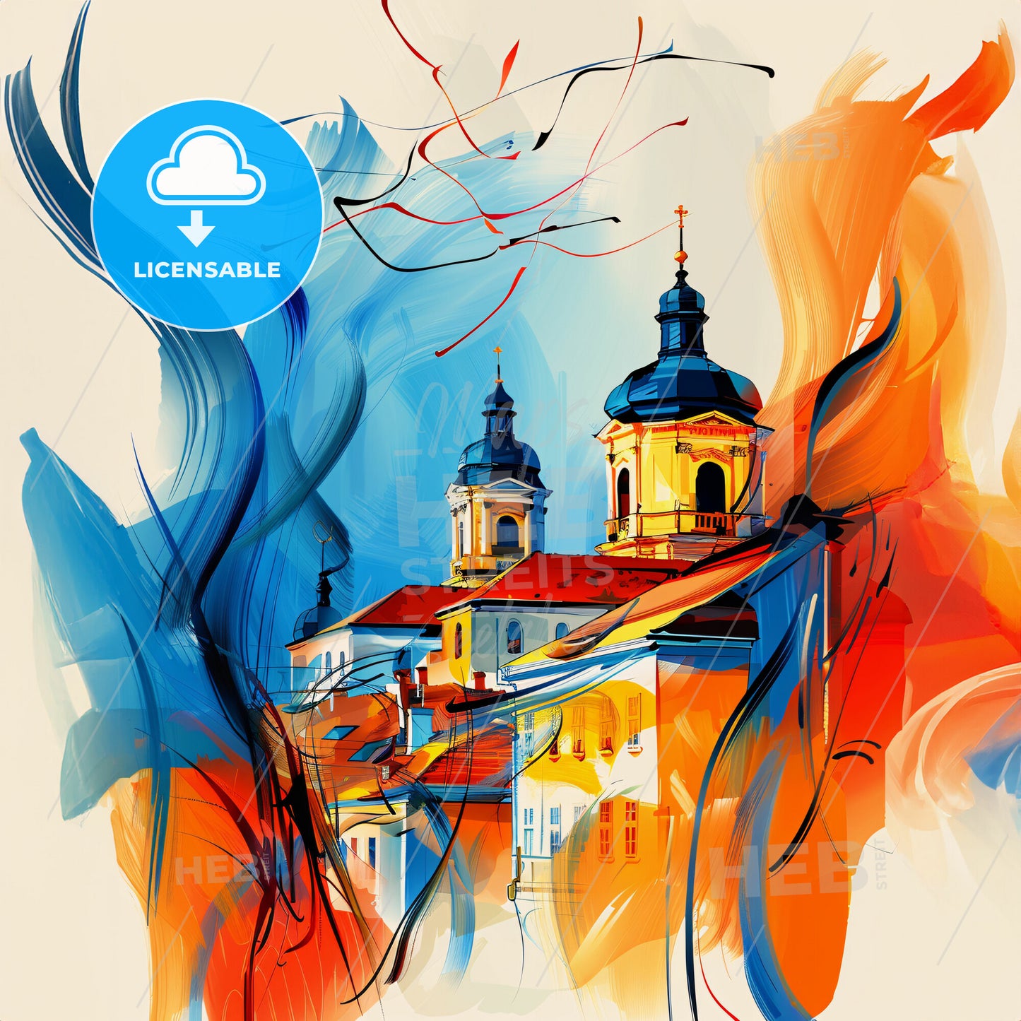 Vibrant Győr, Hungary - A Painting Of A Building With A Blue And Orange Background