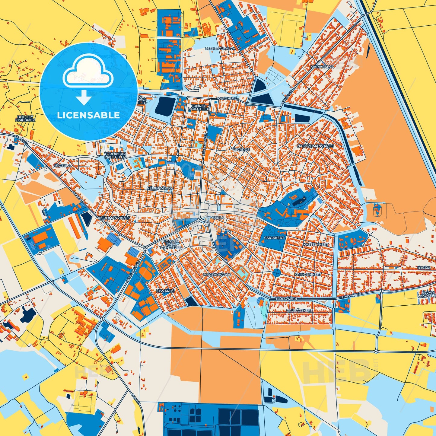 Colorful Gyula Street Map with Labels and Buildings