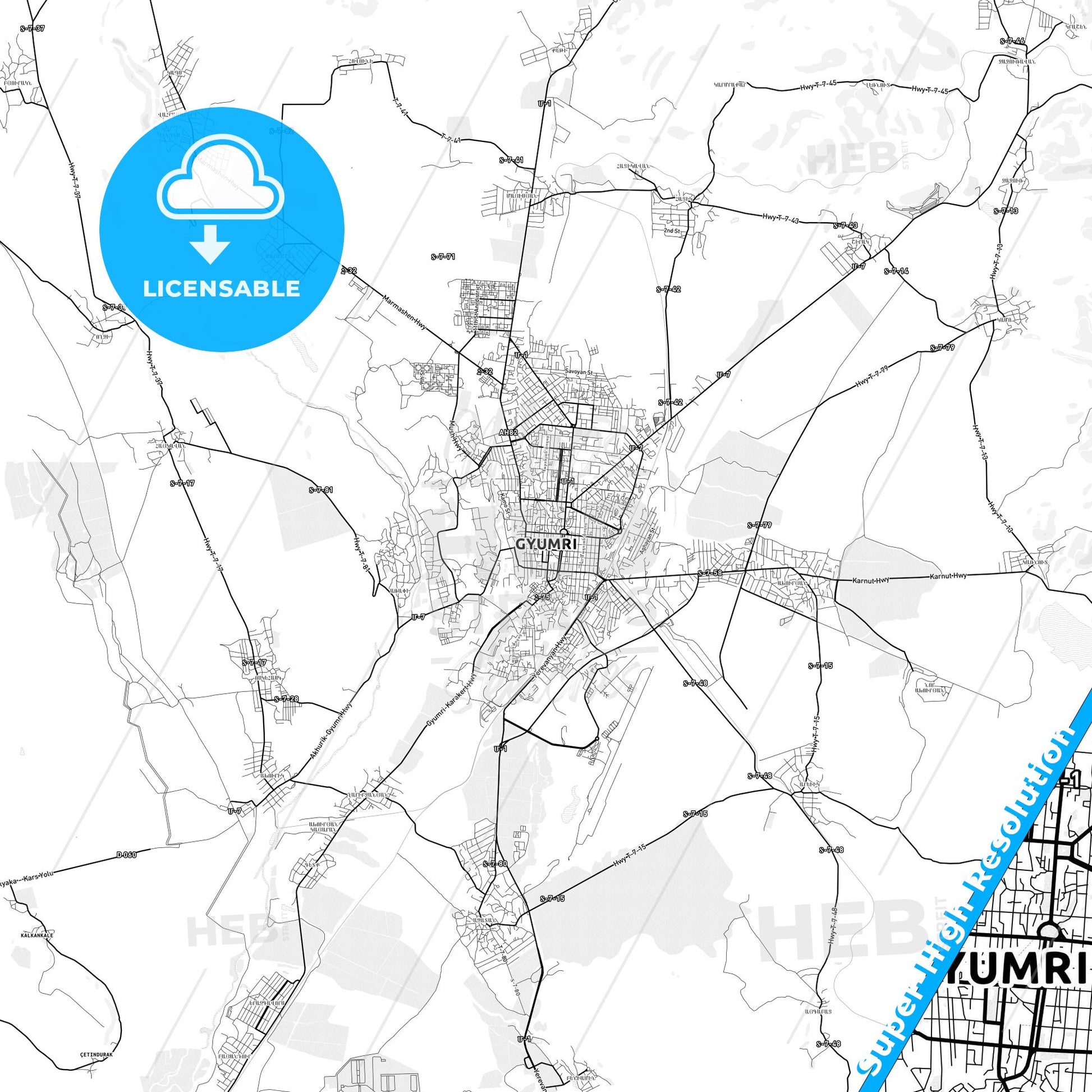Gyumri, Armenia light map with streetnames, citynames and districts