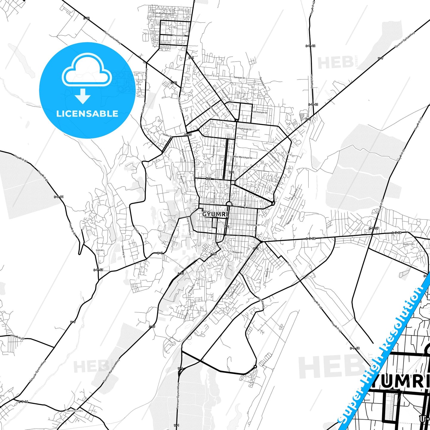 Gyumri, Armenia Light Map with Street Names, City Names, and Districts