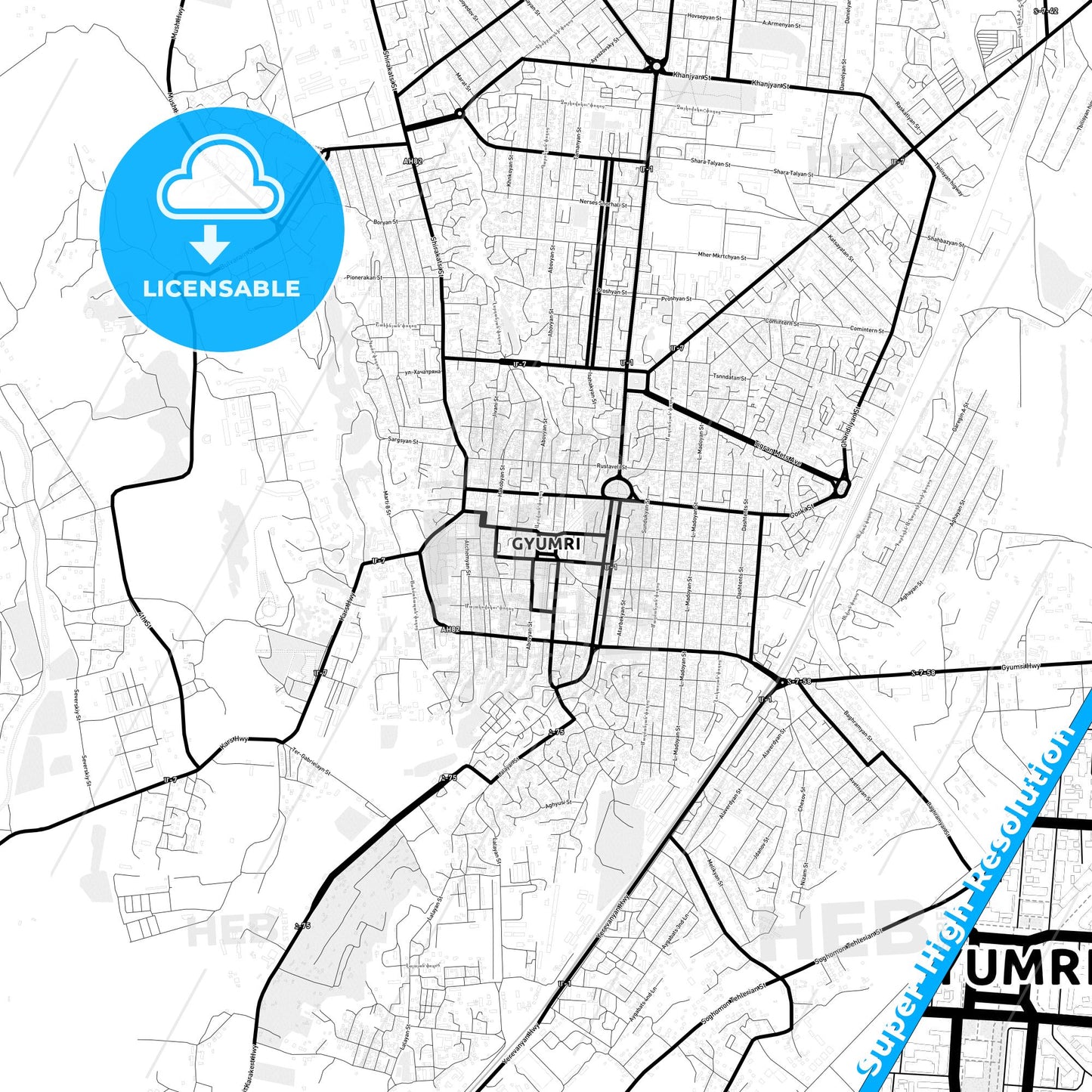 Gyumri, Armenia Light Map with Street Names, City Names, and Districts