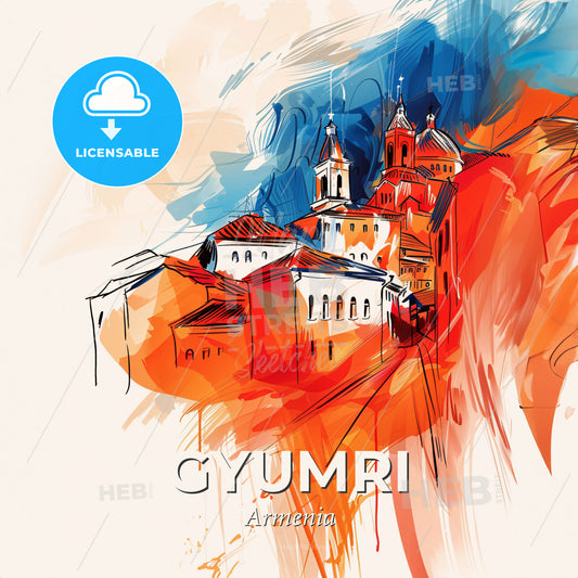 Vibrant Gyumri, Armenia - A Painting Of Buildings And Towers - Square format print template