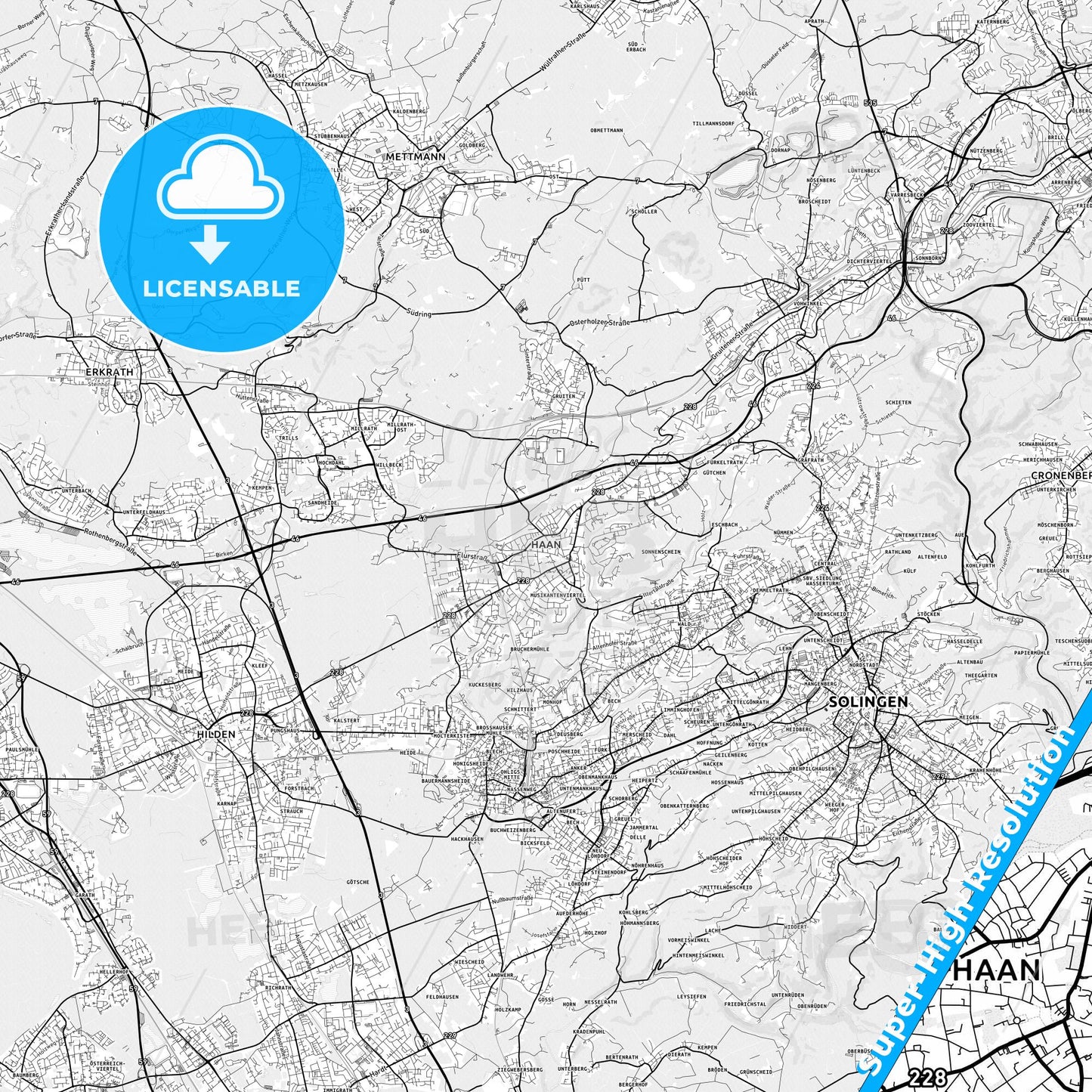 Haan, Germany light map with streetnames, citynames and districts