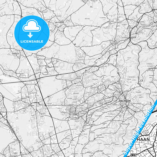 Haan, Germany light map with streetnames, citynames and districts