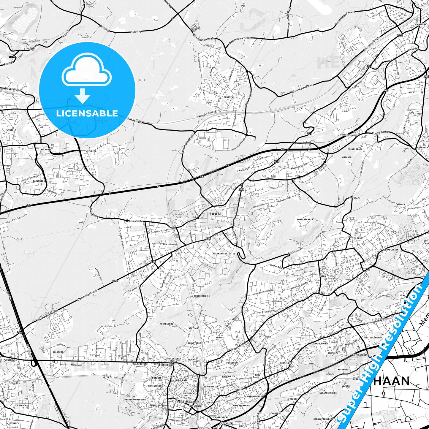 Haan, Germany Light Map with Street Names, City Names, and Districts