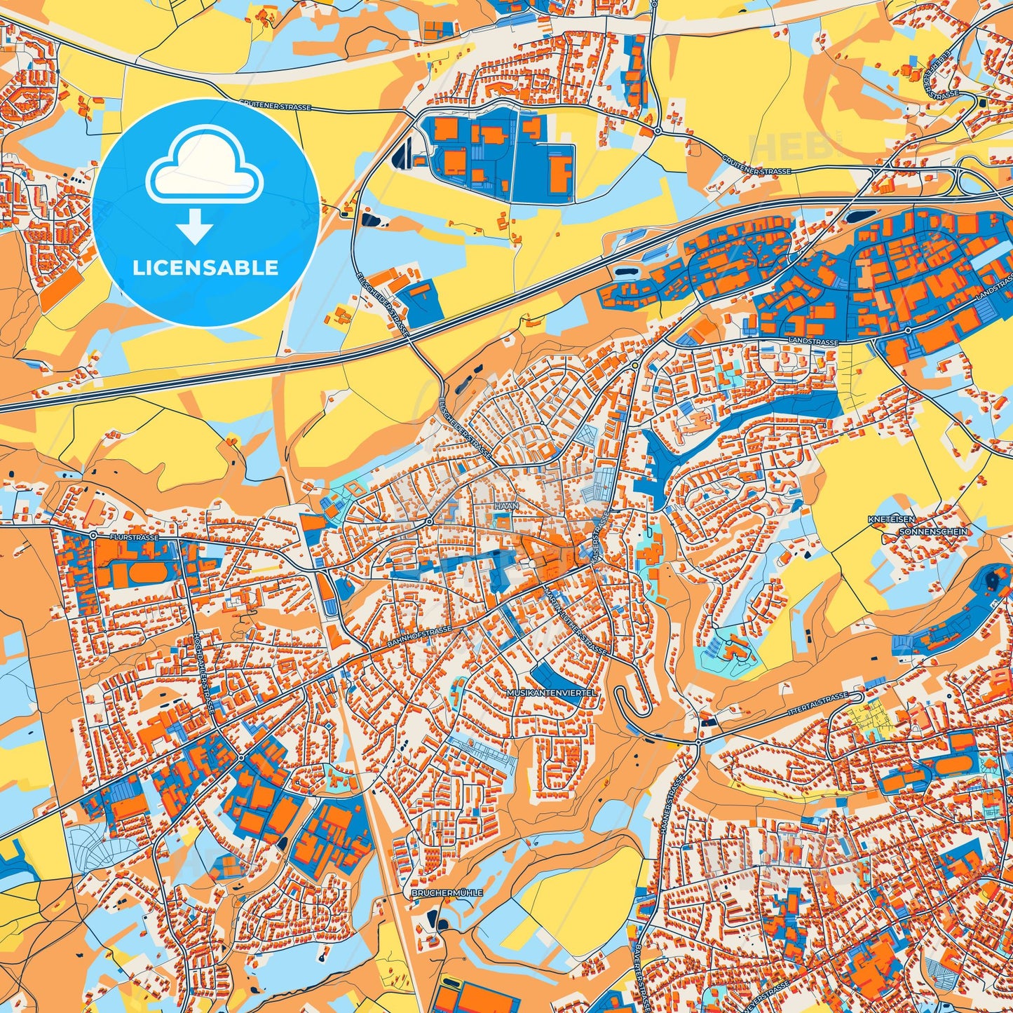 Colorful Haan Street Map with Labels and Buildings