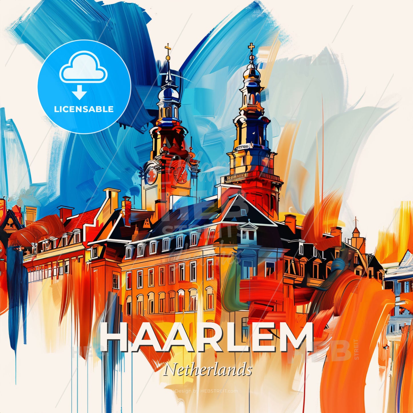 Vibrant Haarlem, Netherlands - A Painting Of A Building With Towers - Square format print template