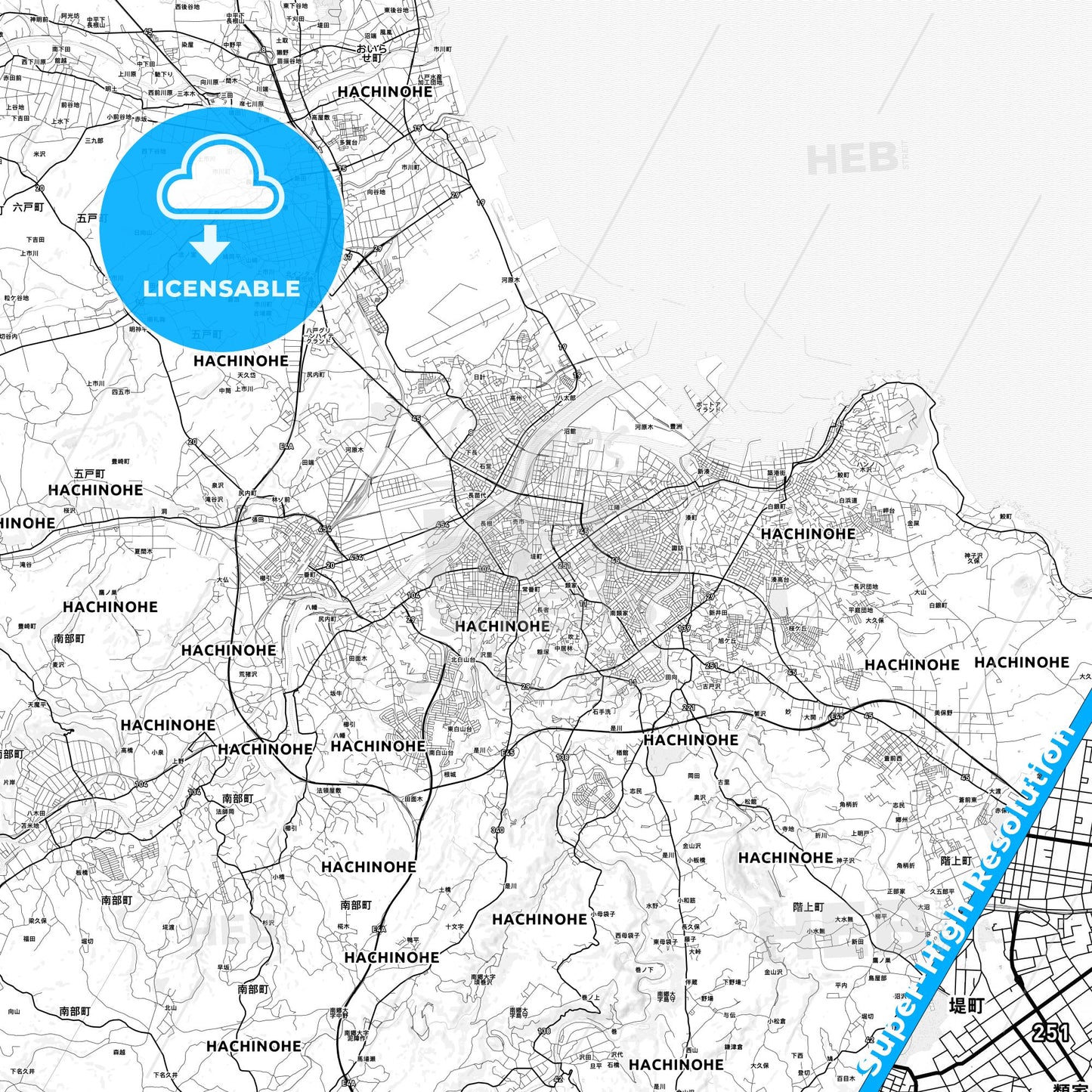 Hachinohe, Japan light map with streetnames, citynames and districts