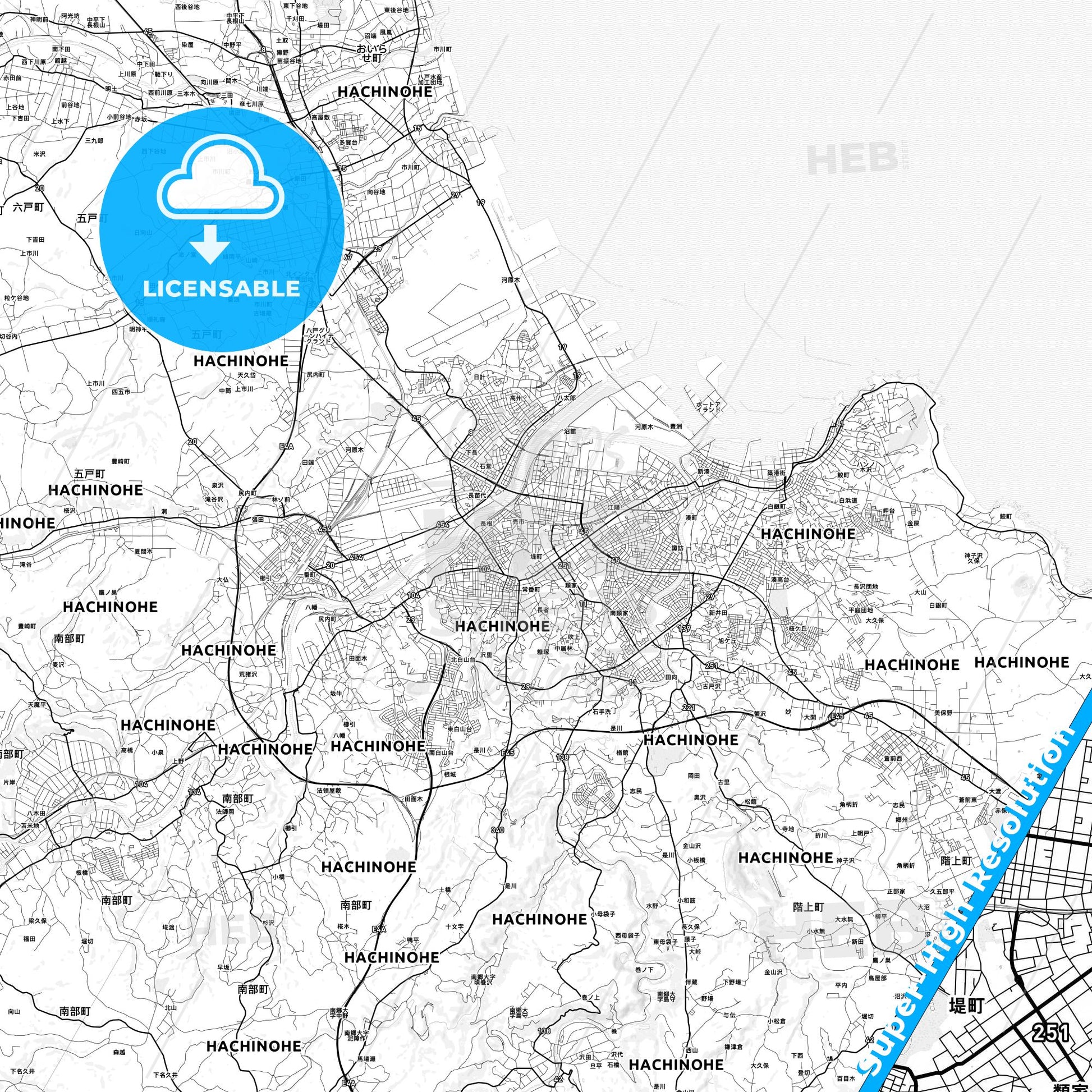 Hachinohe, Japan light map with streetnames, citynames and districts