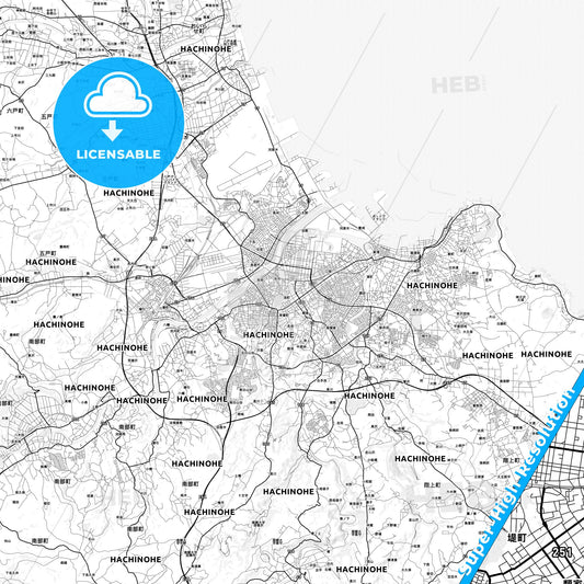 Hachinohe, Japan light map with streetnames, citynames and districts