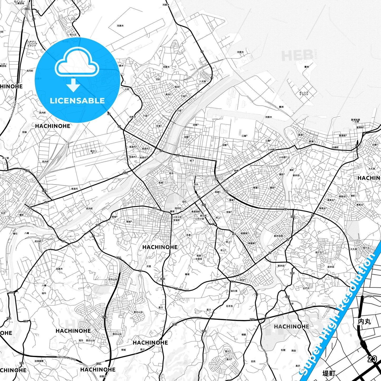 Hachinohe, Japan Light Map with Street Names, City Names, and Districts