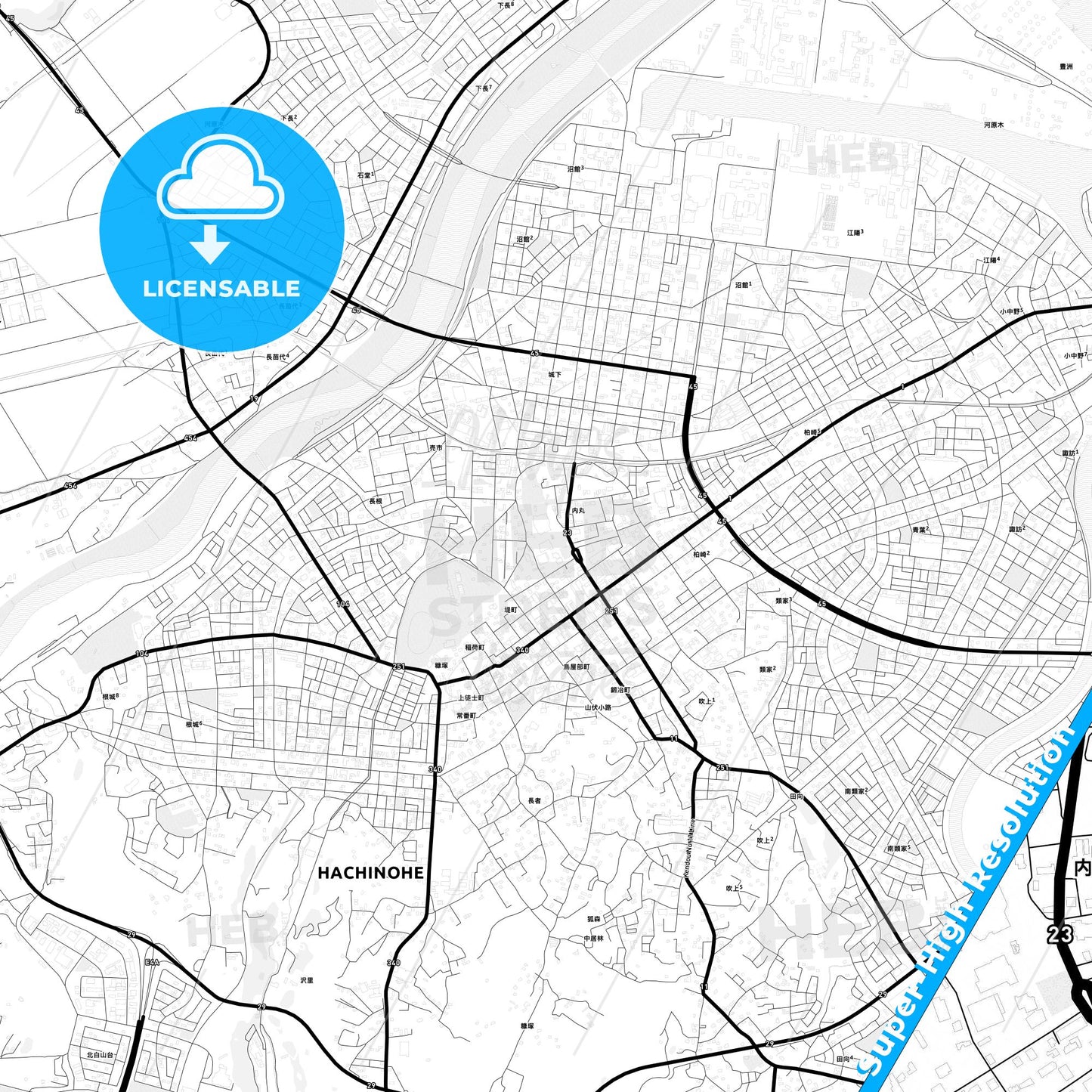 Hachinohe, Japan Light Map with Street Names, City Names, and Districts
