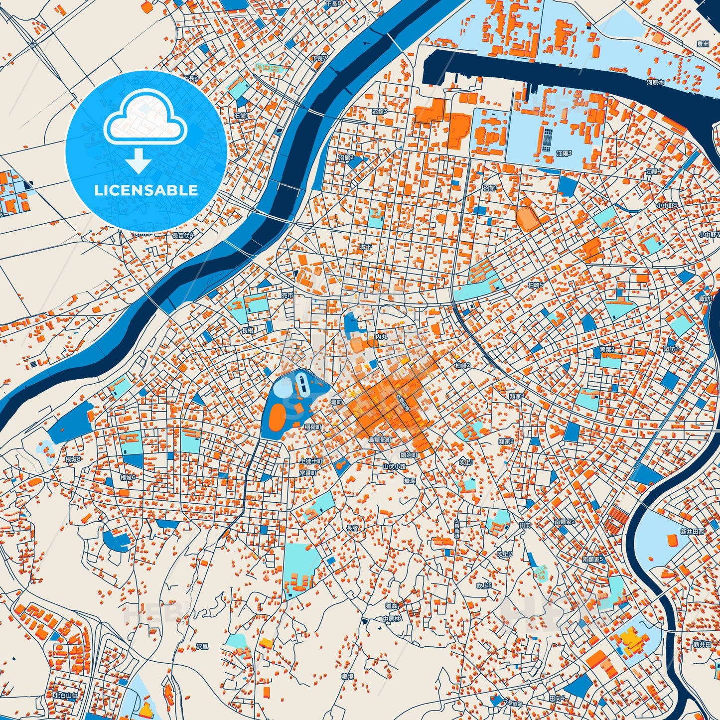 Colorful Hachinohe Street Map with Labels and Buildings