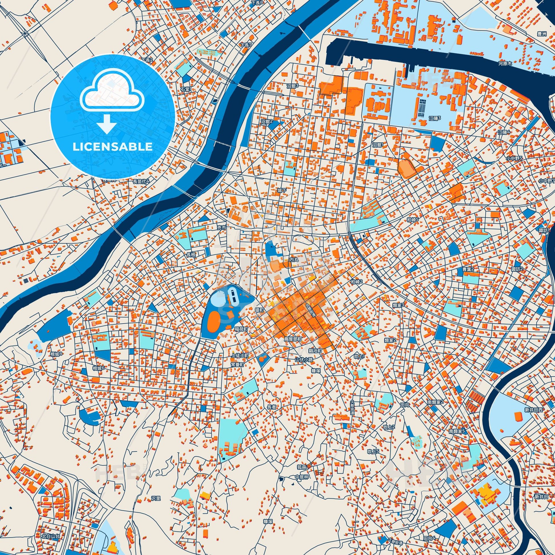 Colorful Hachinohe Street Map with Labels and Buildings