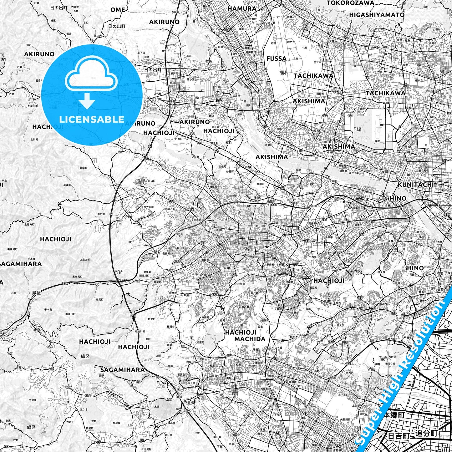 Hachiōji, Japan light map with streetnames, citynames and districts