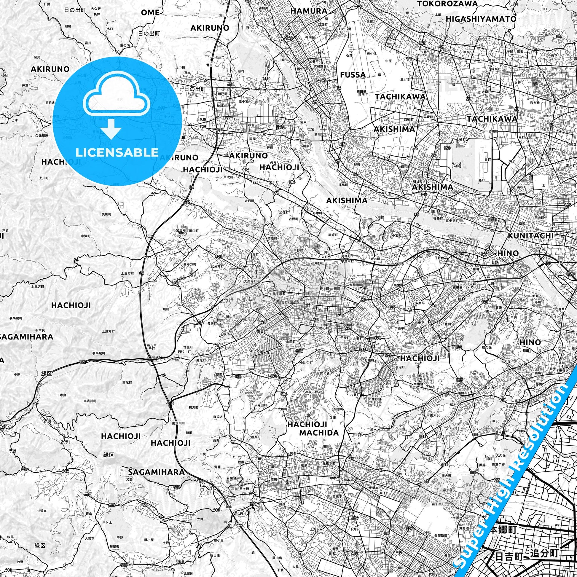 Hachiōji, Japan light map with streetnames, citynames and districts